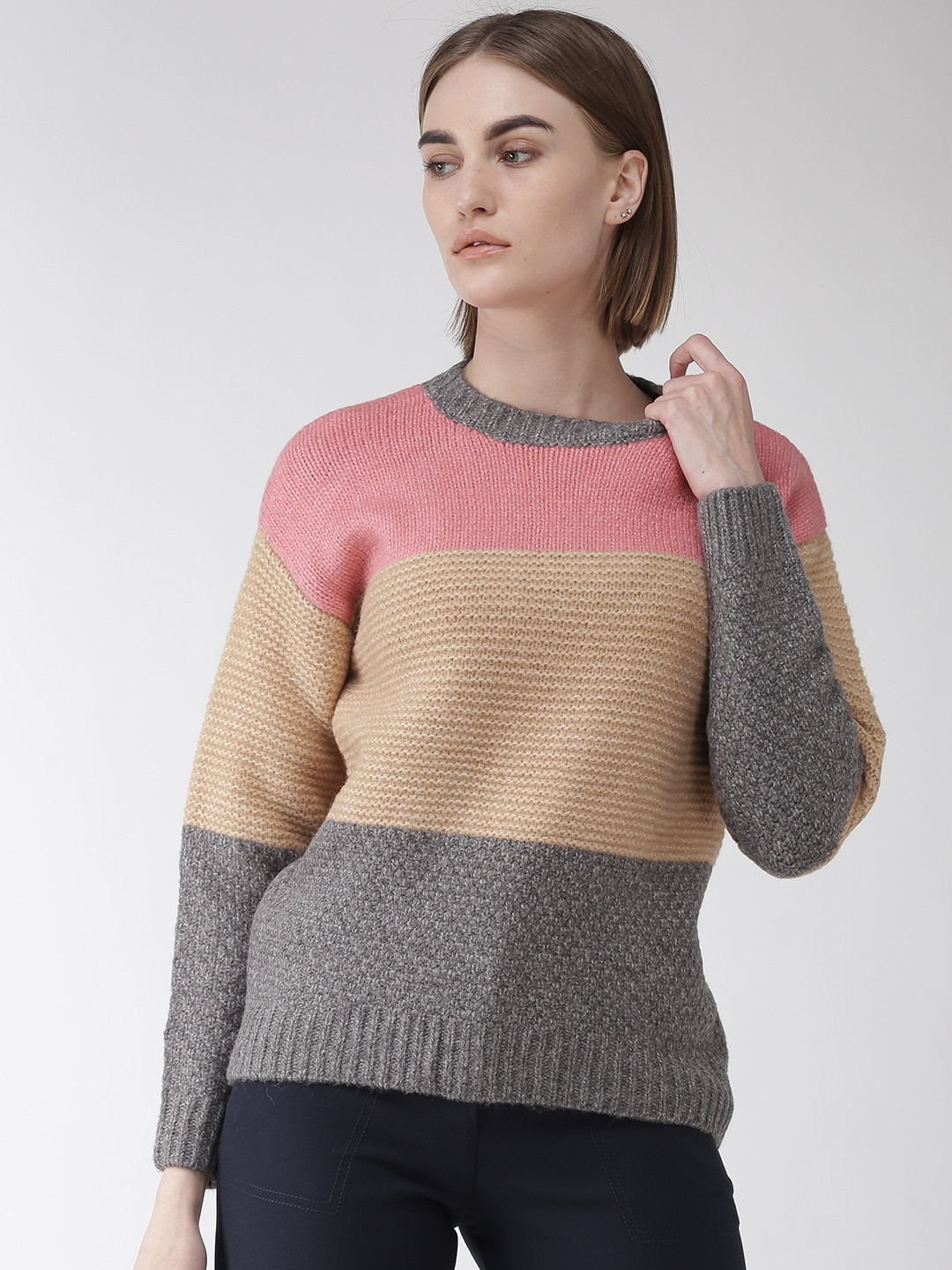 Buy Marks & Spencer Women Charcoal & Beige Colourblocked Sweater