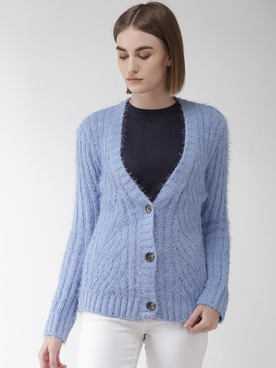 Buy Marks & Spencer Women Blue Self Striped Cardigan Sweaters for