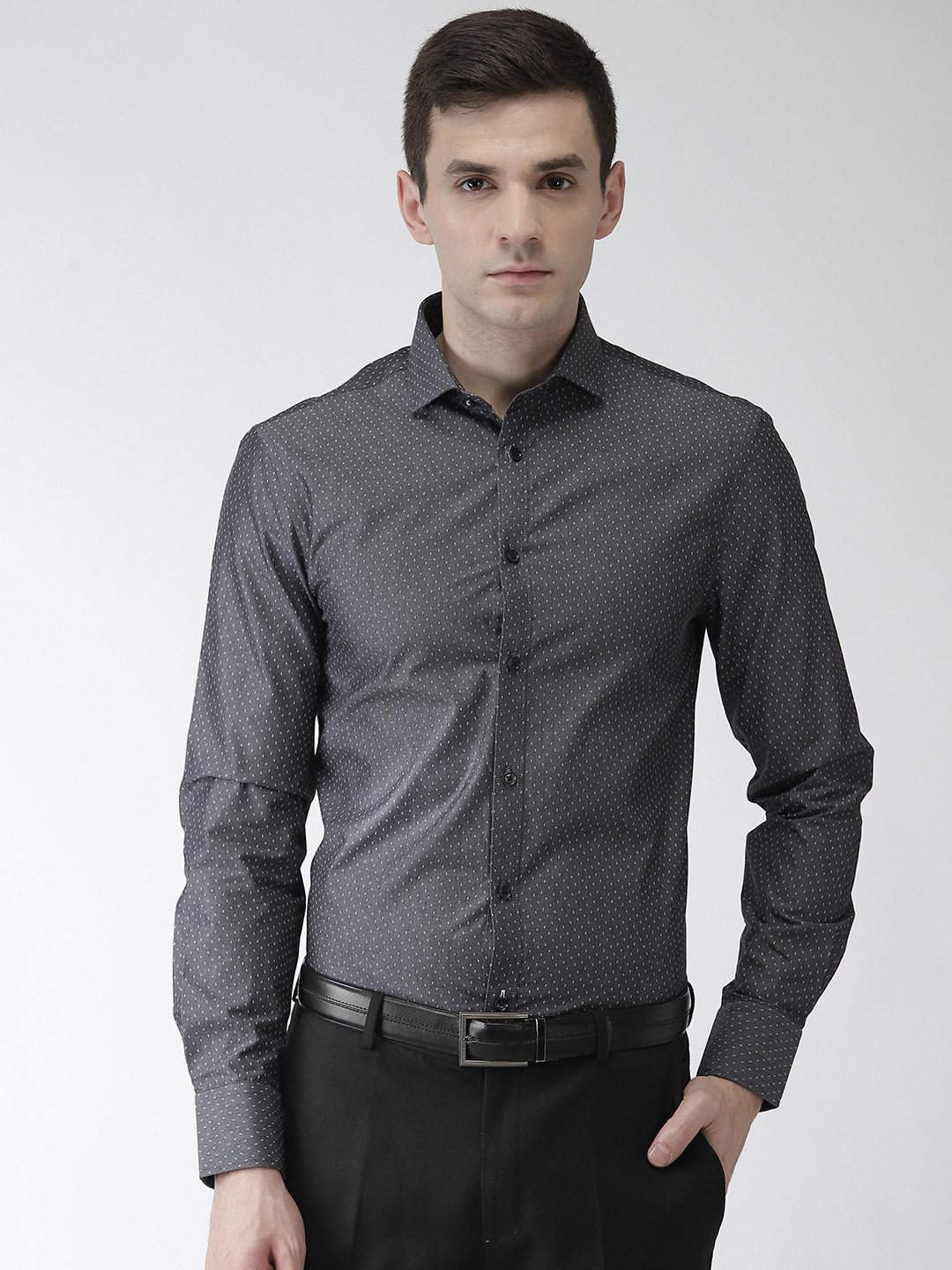 Buy Marks & Spencer Men Charcoal Grey & White Slim Fit Printed Formal ...