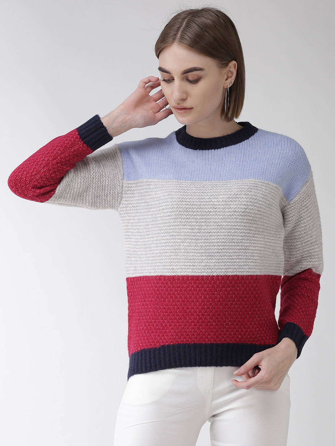 Buy Marks & Spencer Women Grey & Red Colourblocked Sweater Sweaters
