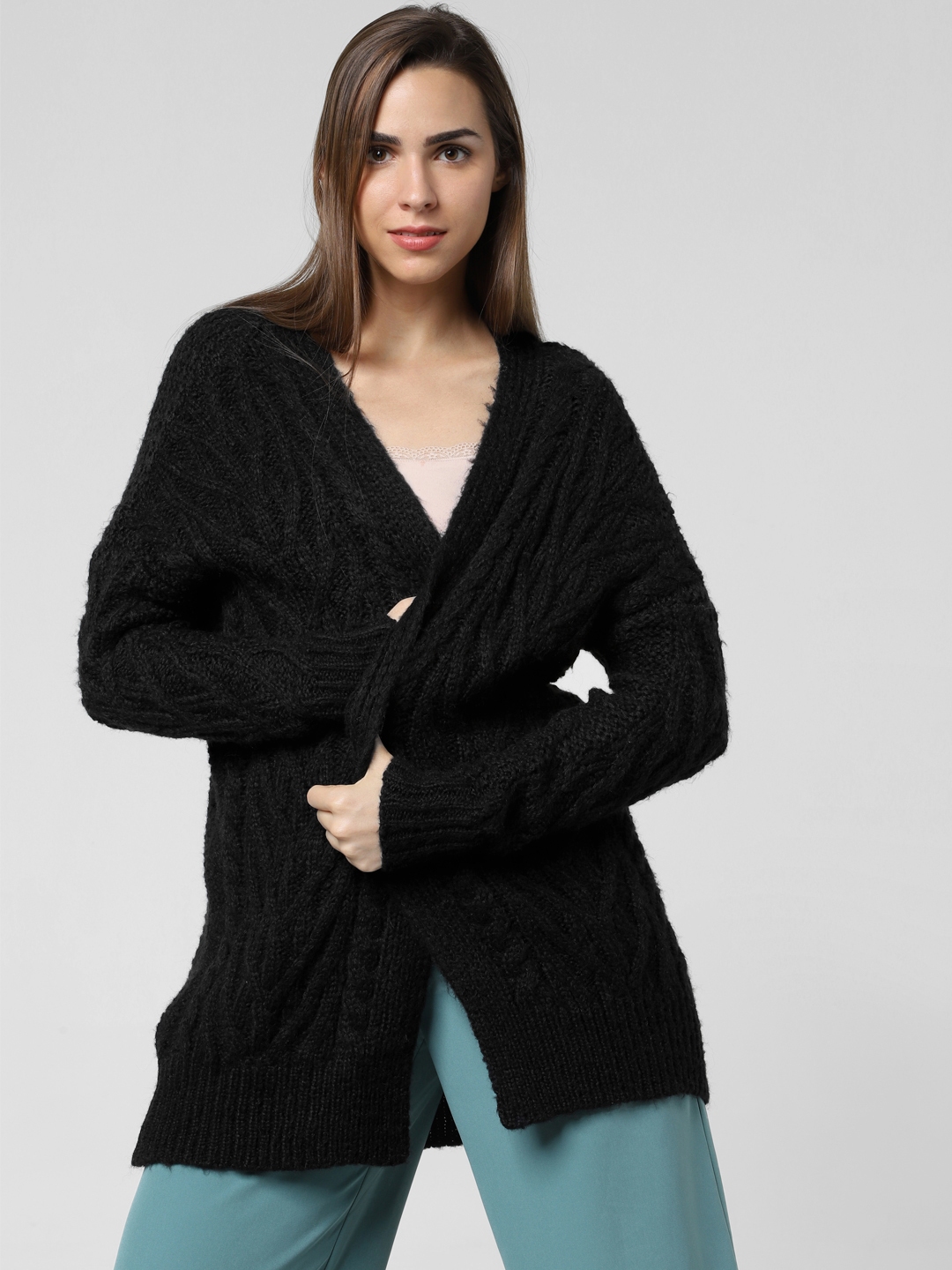 Buy Vero Moda Women Black Solid Front Open Longline Sweater - Sweaters ...