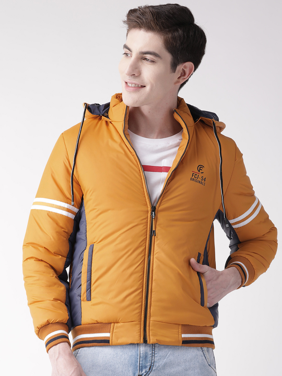 Buy Fort Collins Men Mustard Yellow Solid Hooded Varsity Jacket