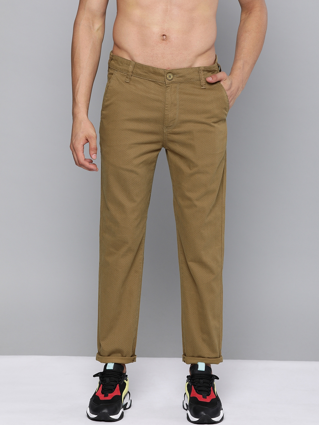 Buy HERE&NOW Men Khaki Slim Fit Printed Regular Trousers - Trousers for ...
