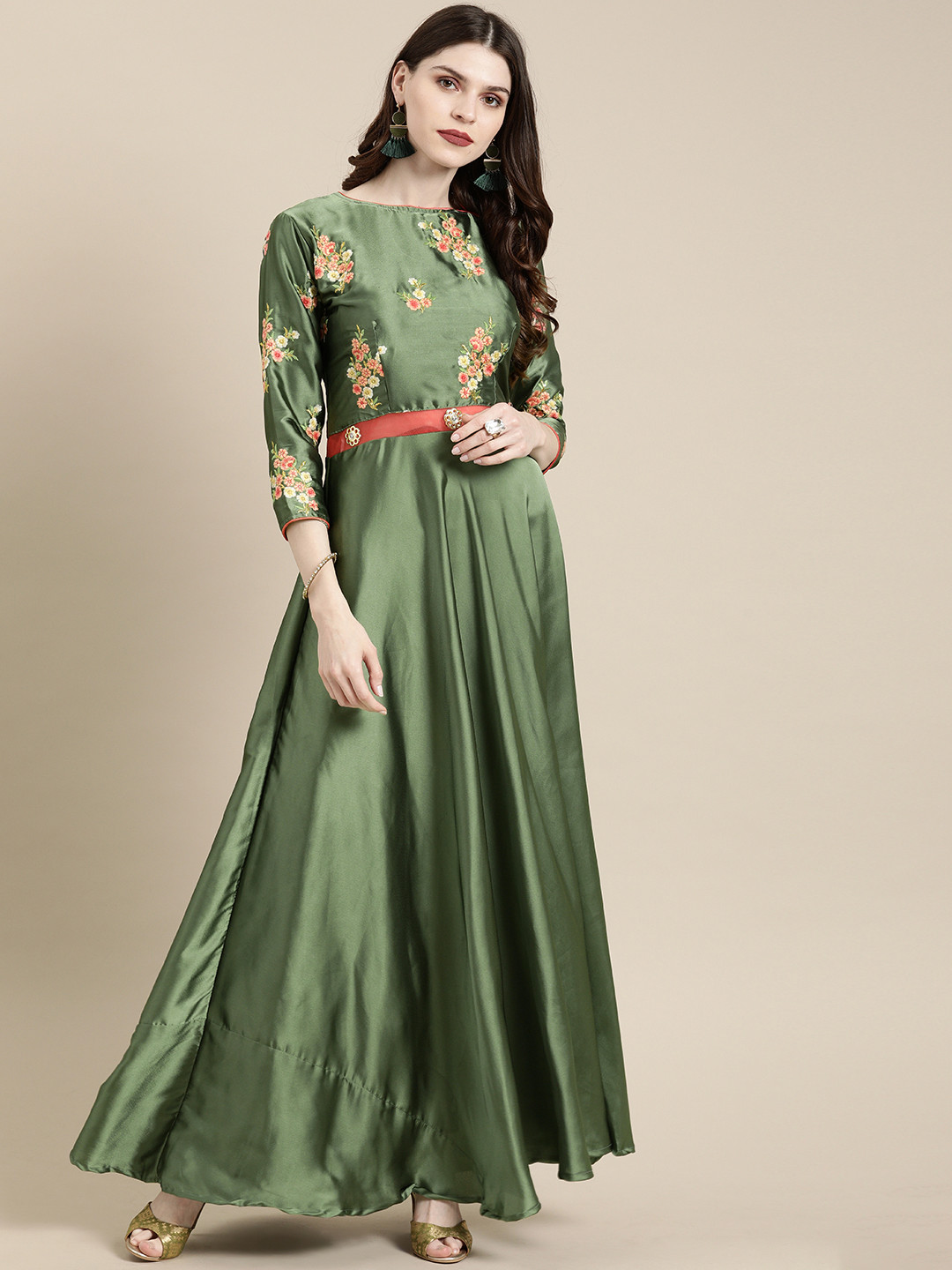 Vivo Hadiya Gathered Maxi Dress - Olive / Teal Diya Print