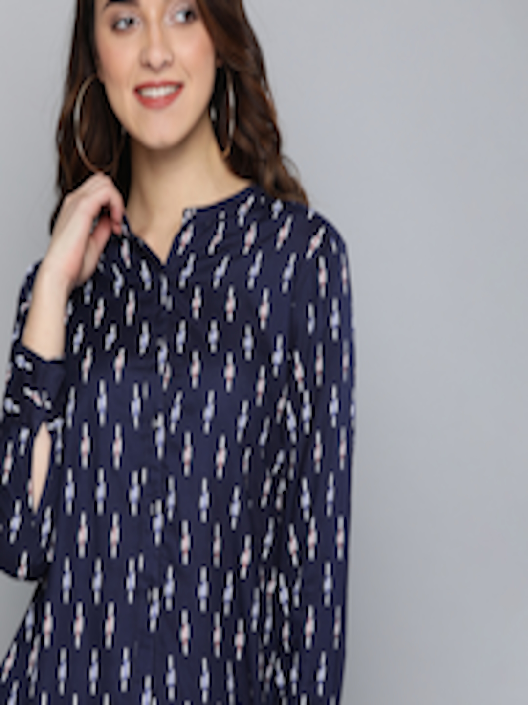 Buy HERE&NOW Women Navy Blue & White Regular Fit Printed Casual Shirt ...