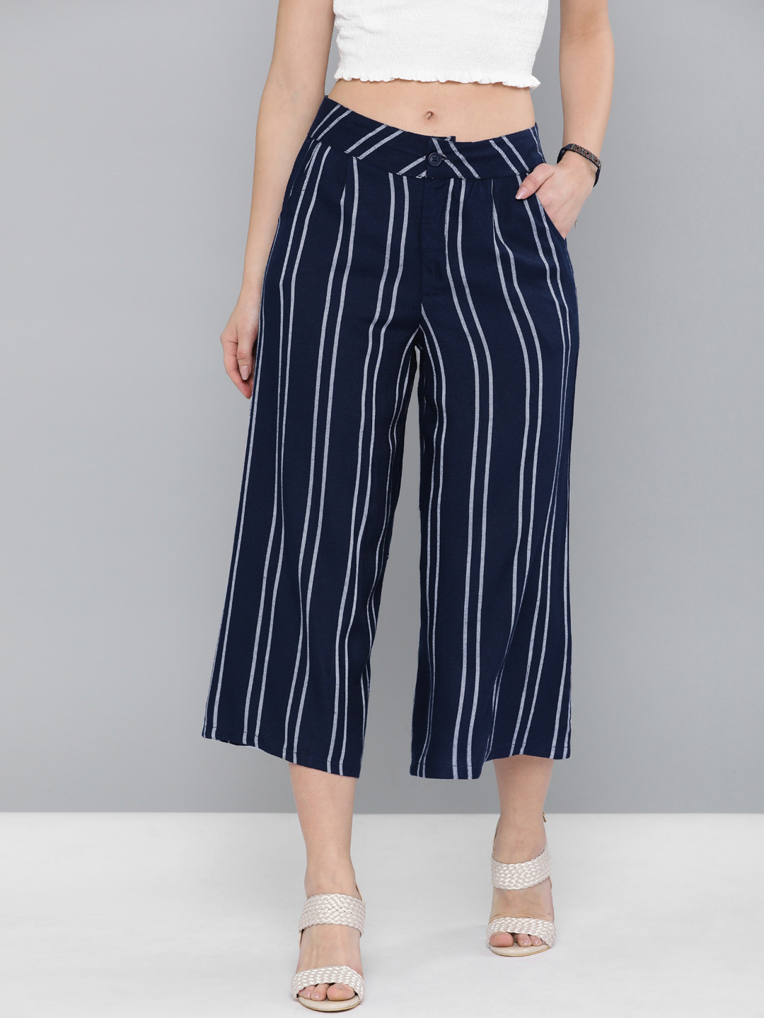 box pleated culotte - blue grey printed stripes
