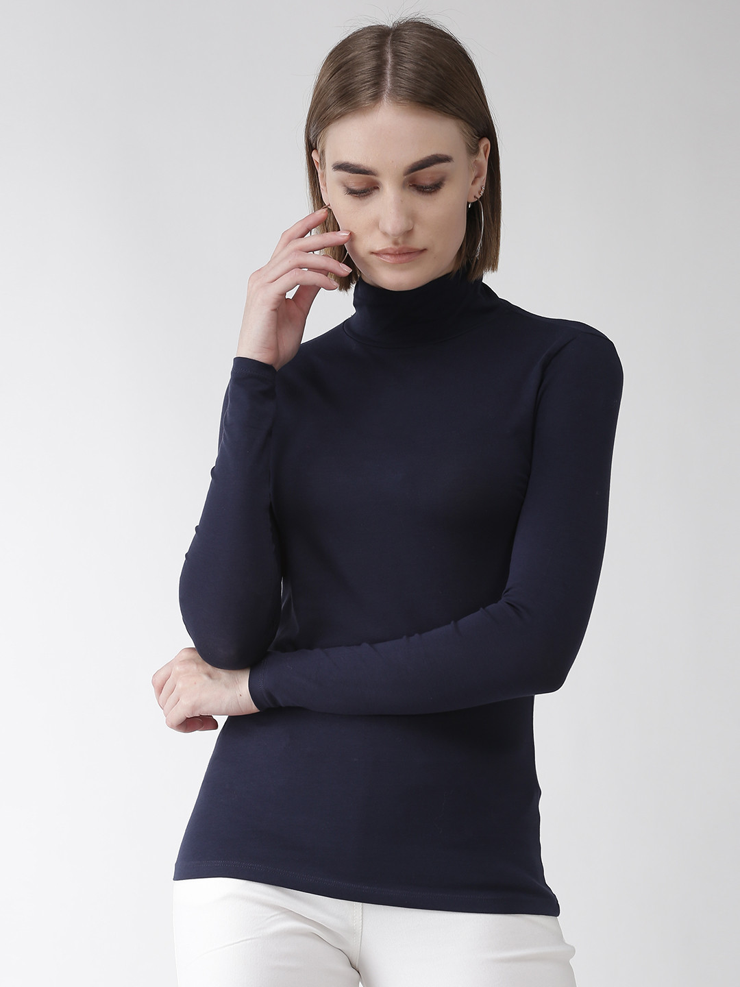 Buy Marks & Spencer Women Navy Blue Solid High Neck Fitted T Shirt