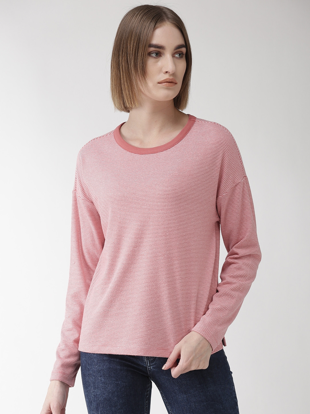 Buy Marks & Spencer Women Pink & Off White Striped Round Neck T Shirt