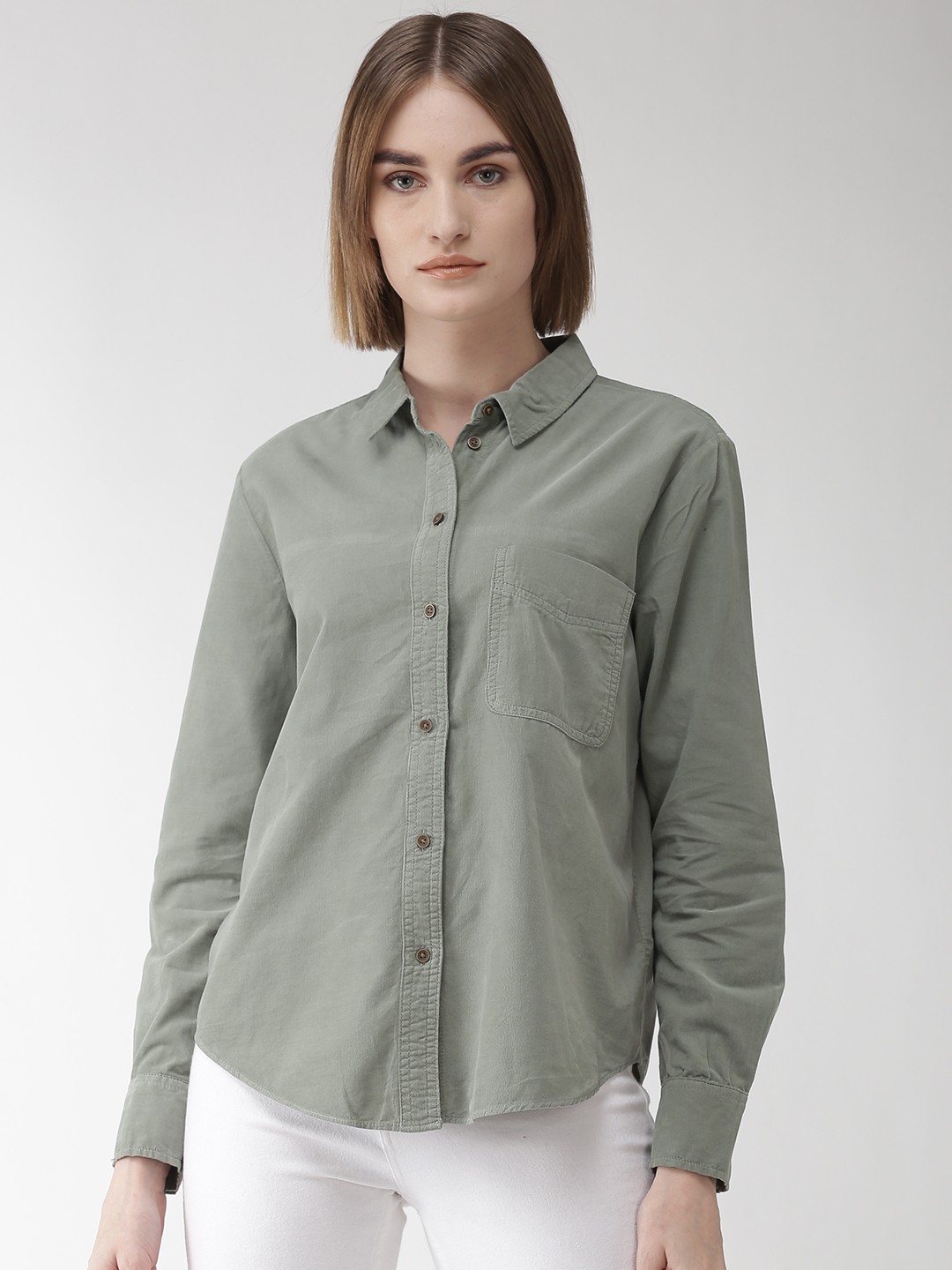 Buy Marks & Spencer Women Green Regular Fit Corduroy Solid Casual Shirt ...