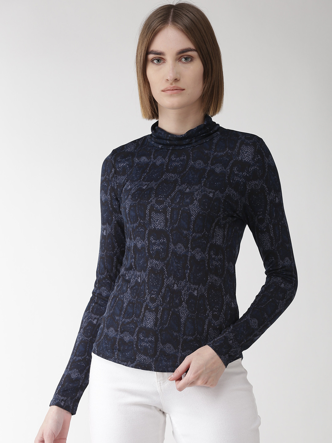 Buy Marks & Spencer Women Navy Blue & Grey Printed Turtle Neck T Shirt