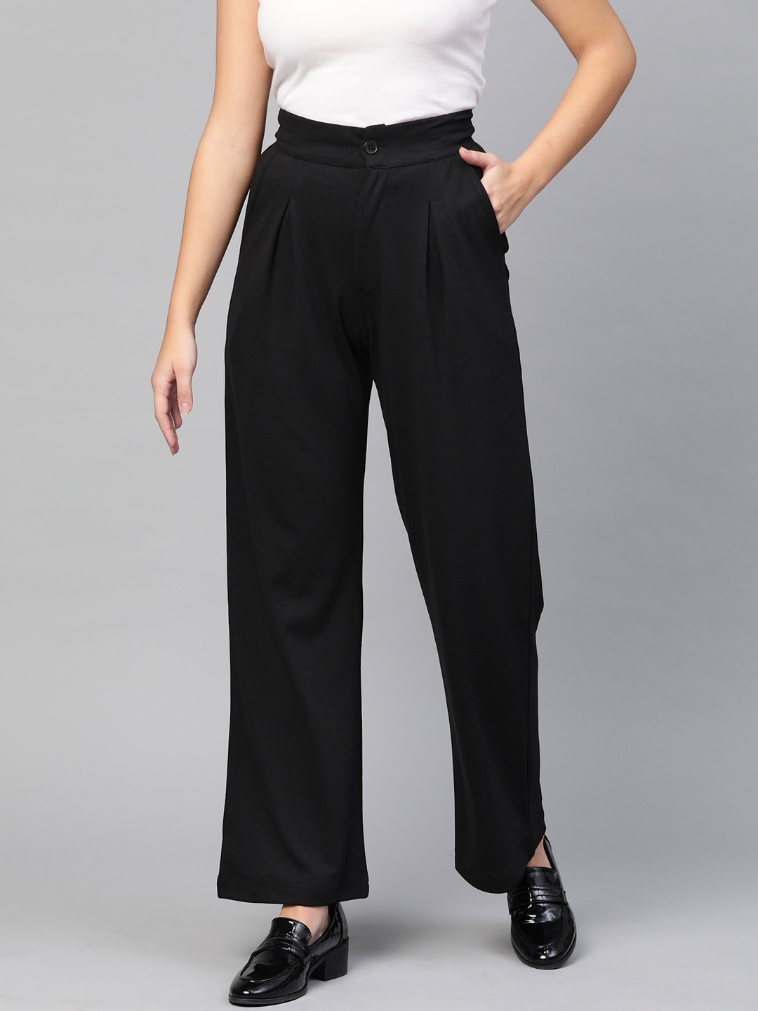 Buy RUNWAYIN Women Black Flared Solid Formal Trousers - Trousers for ...