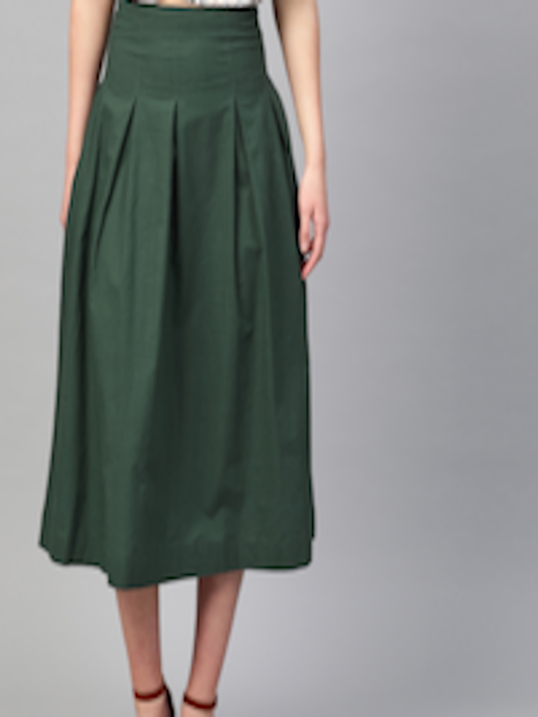 Buy RUNWAYIN Women Green Solid Midi Flared Skirt - Skirts for Women ...