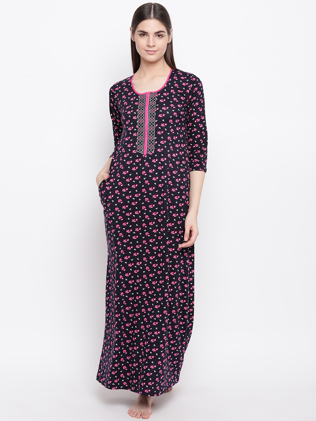 Buy Sweet Dreams Navy Blue & Pink Printed Maxi Nightdress - Nightdress for Women 10913668 | Myntra