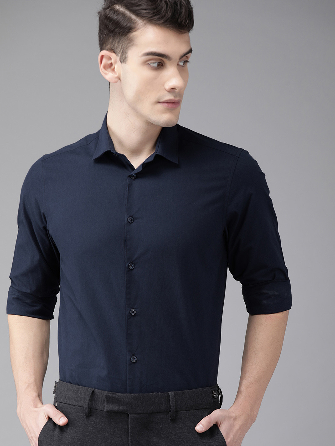 Buy THE BEAR HOUSE Men Navy Blue Slim Fit Solid Smart Casual Shirt ...