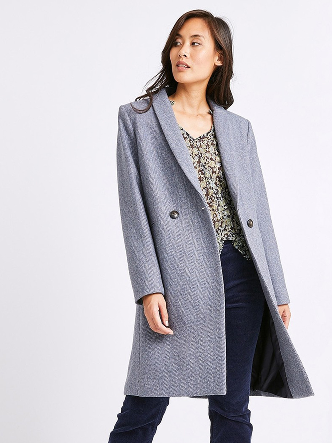 Buy Promod Women Blue Herringbone Pattern Double Breasted Overcoat