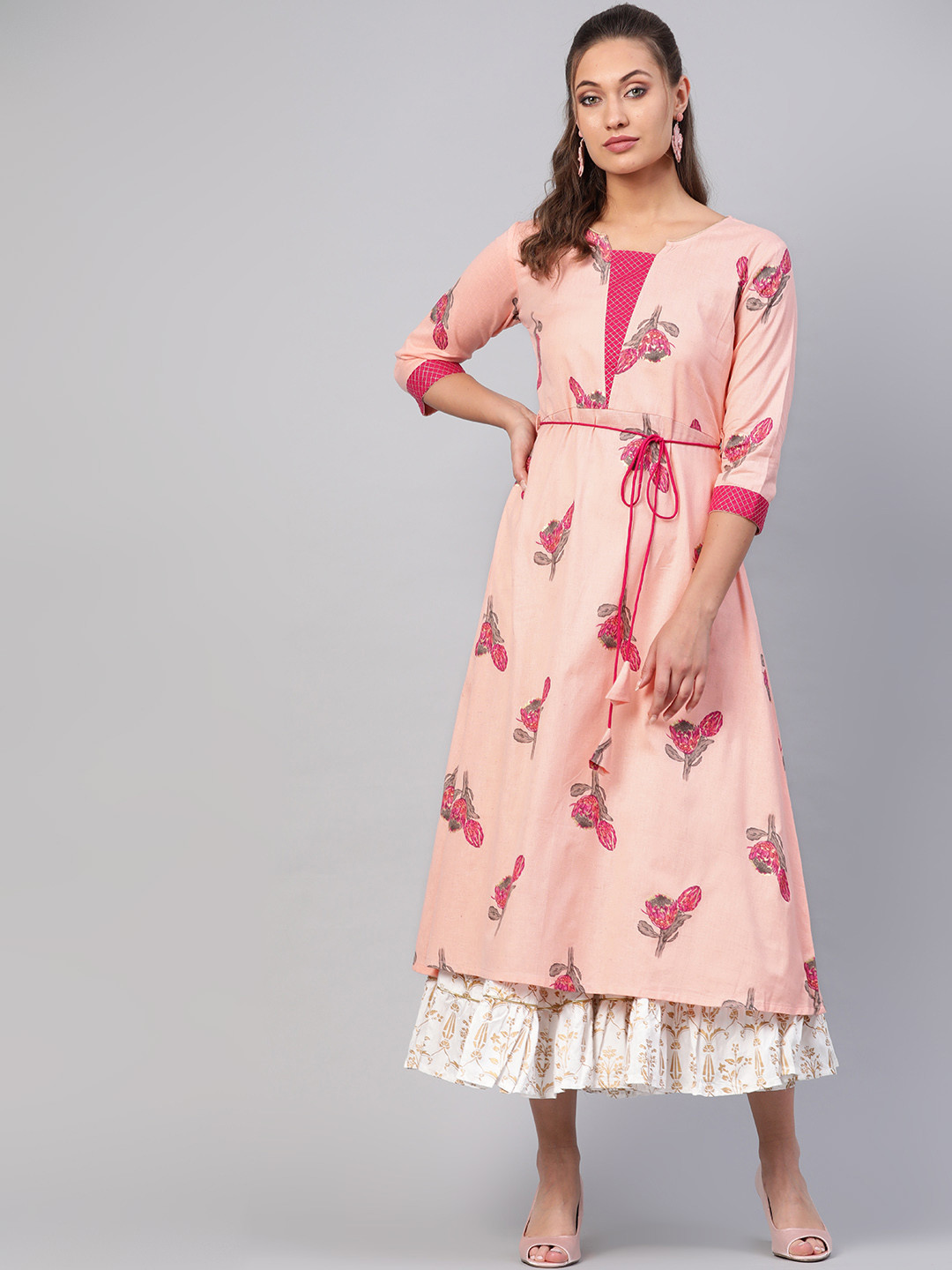 Buy La Firangi Women Pink Floral Printed A Line Kurta With Belt