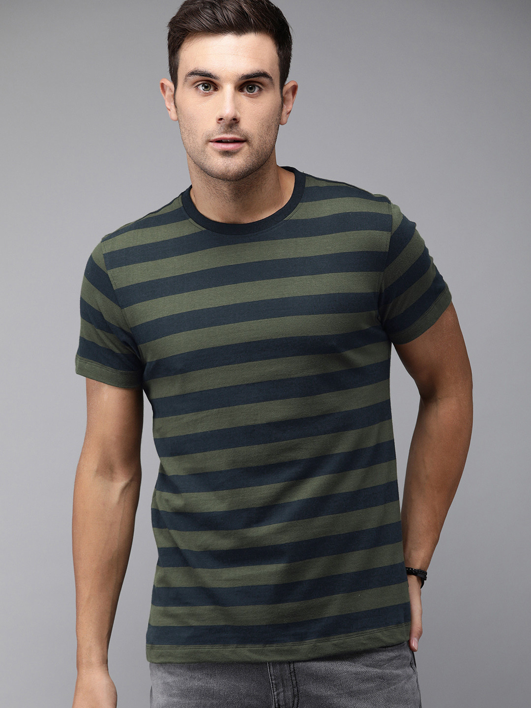 Buy The Roadster Lifestyle Co Men Olive Green Navy Blue Striped Round