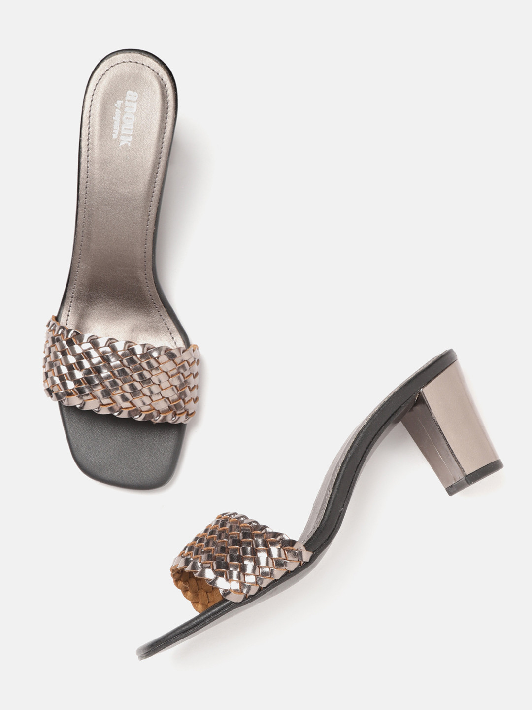 Buy Anouk Women Gunmetal Toned Basketweave Textured Block Heels Heels