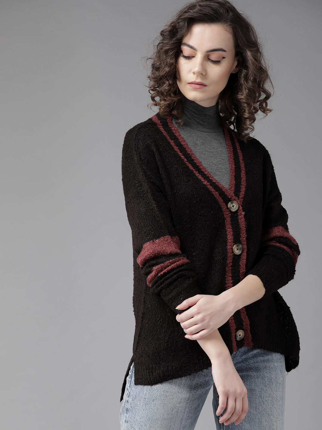 Buy The Roadster Lifestyle Co Women Black Solid Cardigan Sweaters for