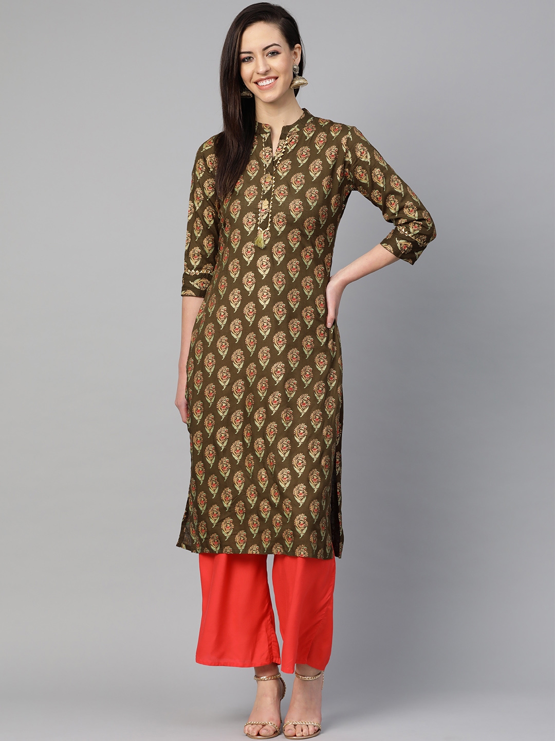 Buy ANAISA Women Olive Green & Golden Printed Straight Kurta - Kurtas for Women 10935126 | Myntra