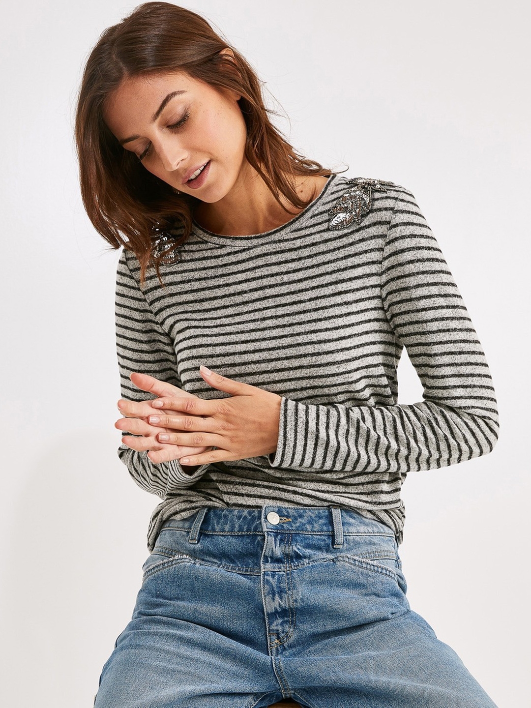 Buy Promod Women Grey & Black Striped Sweater - Sweaters For Women 