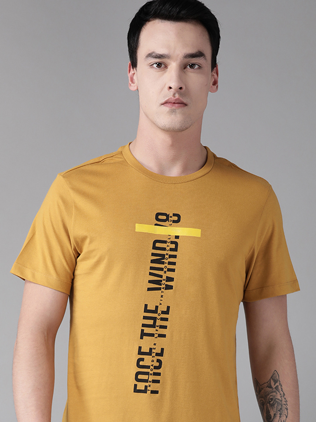 Buy The Roadster Lifestyle Co Men Mustard Yellow Printed Round Neck