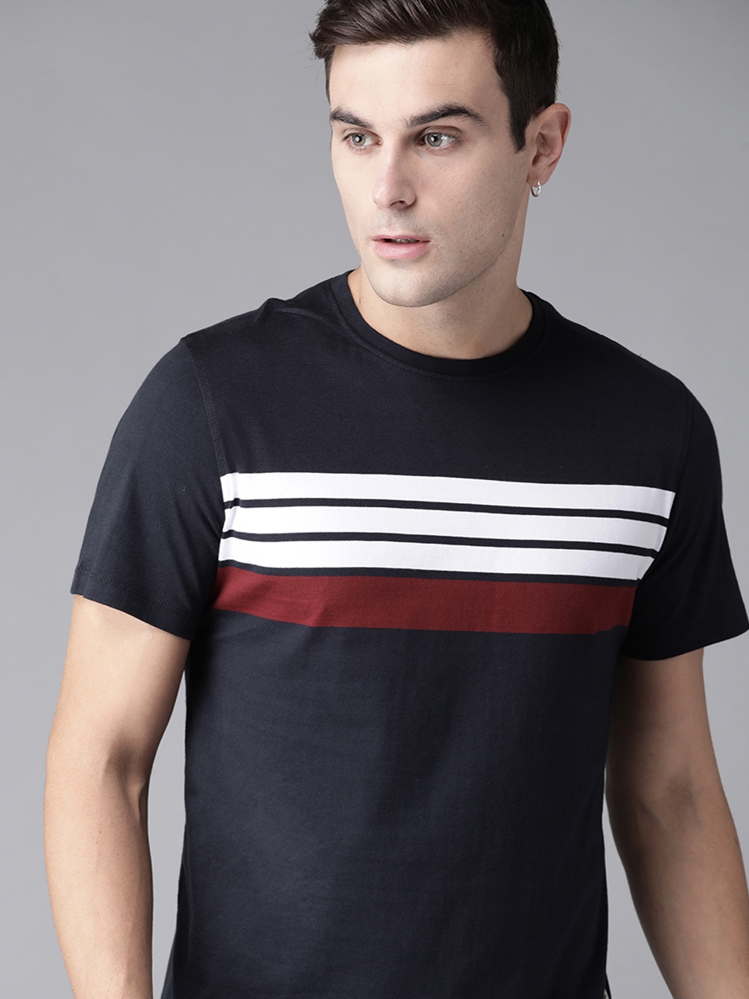 Buy The Roadster Lifestyle Co Men Navy Blue & White Striped Round Neck ...
