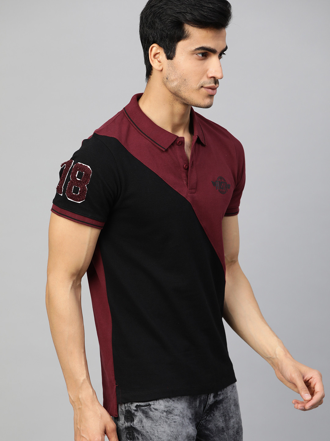 Buy The Roadster Lifestyle Co Men Black & Burgundy Colourblocked Polo