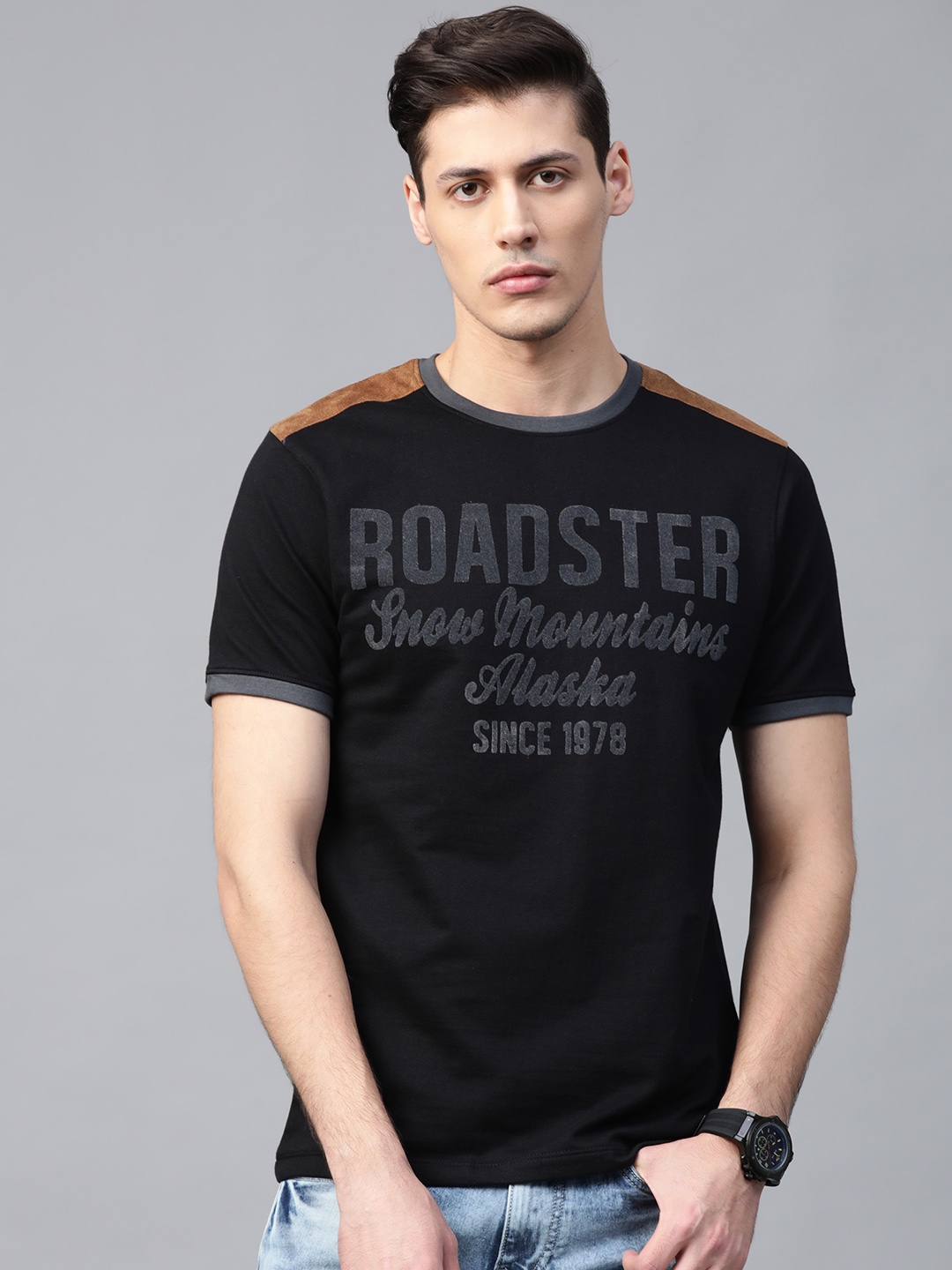 Buy Roadster Men Black & Grey Printed Round Neck T Shirt - Tshirts for ...