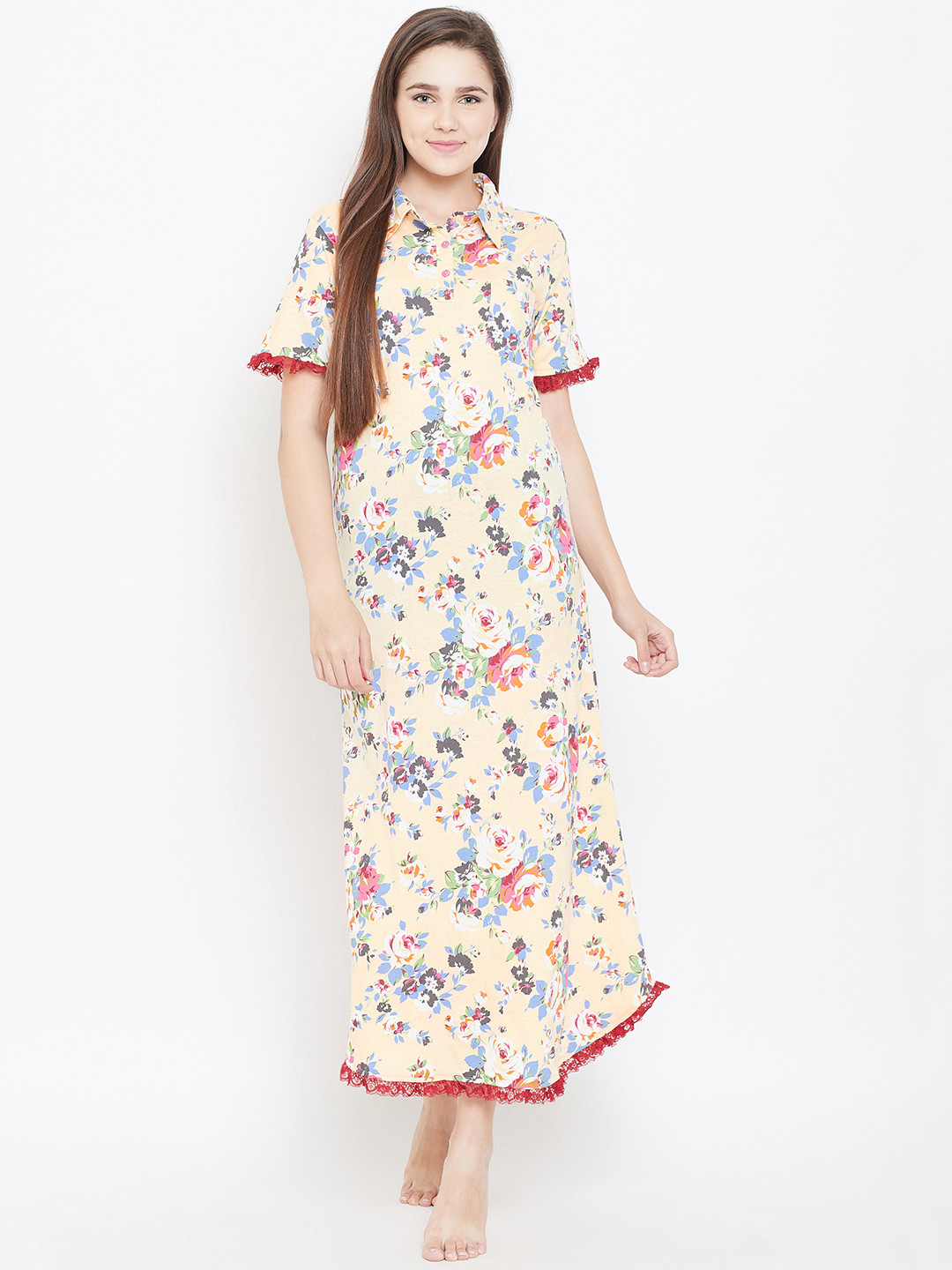 Buy 9teenAGAIN Cream Coloured & Blue Printed Maxi Nightdress Nightdress for Women 10943550