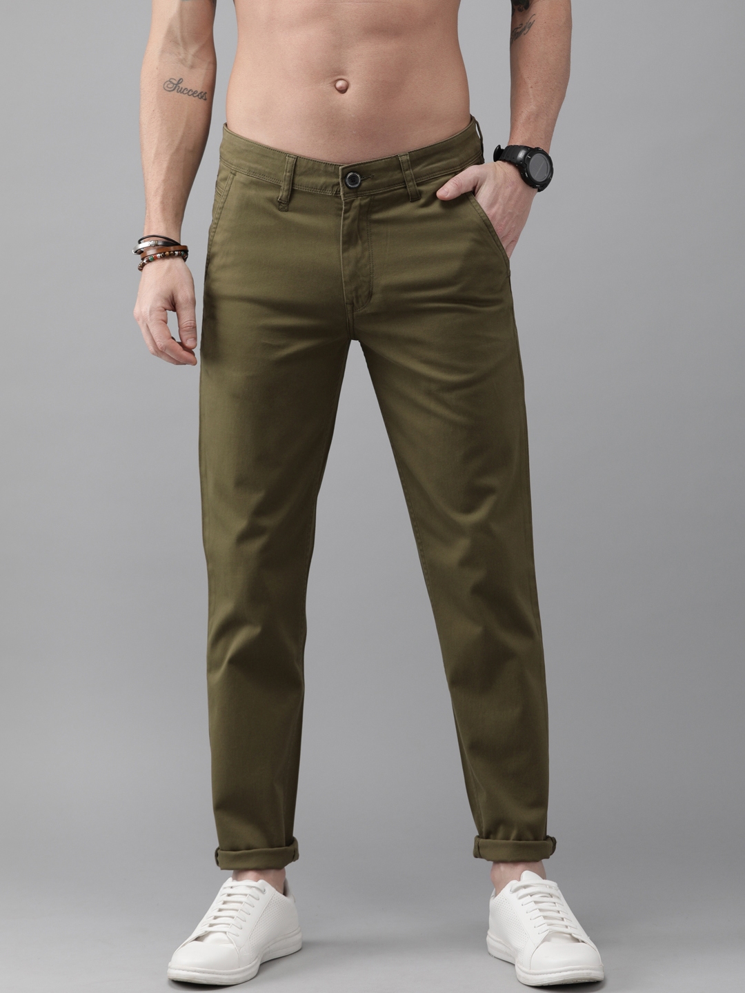 Buy The Roadster Lifestyle Co Men Olive Green Regular Fit Solid Chinos ...