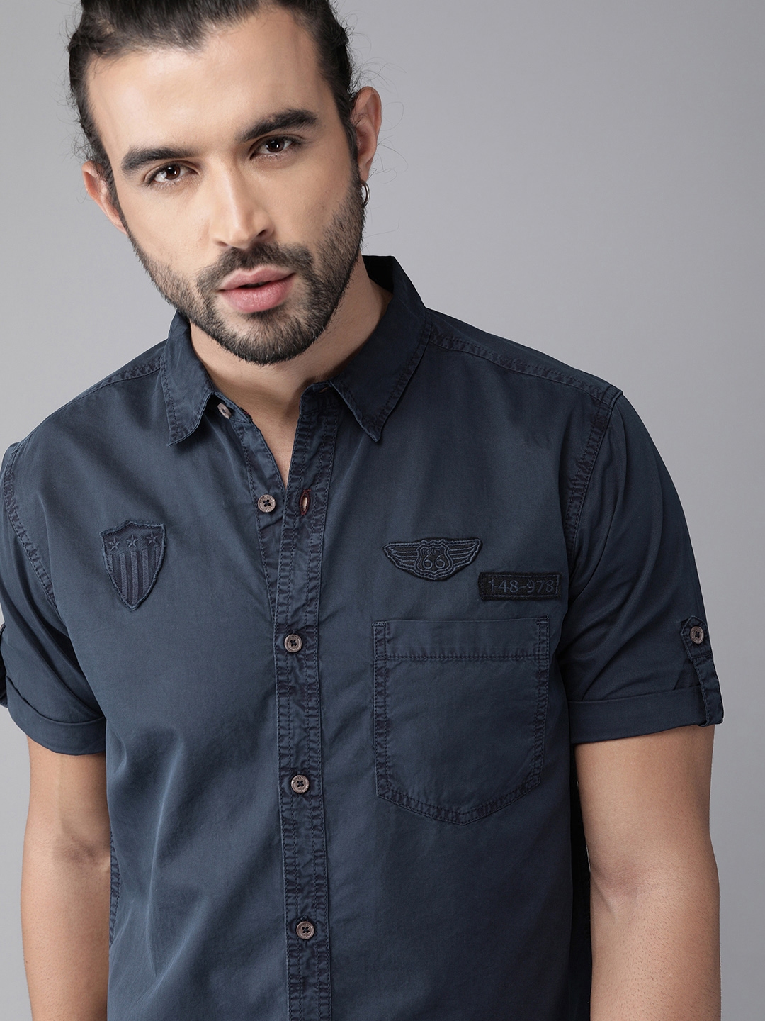 Buy Roadster Men Navy Blue Sustainable Casual Shirt With Applique 