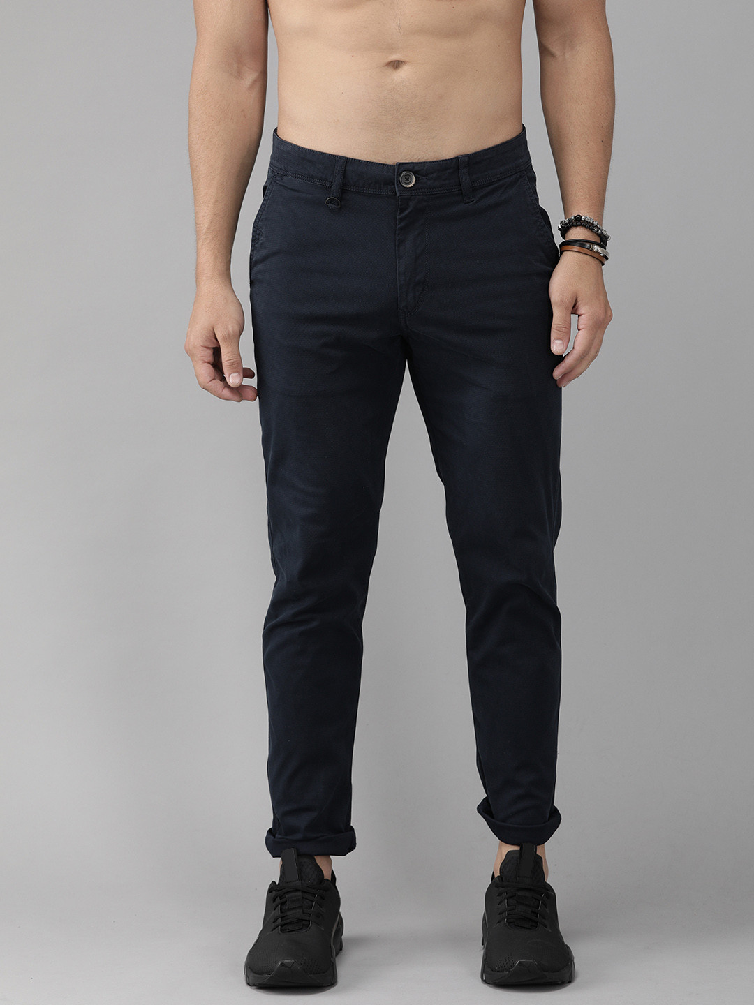 Buy The Roadster Lifestyle Co Men Navy Blue Regular Fit Solid Trousers ...