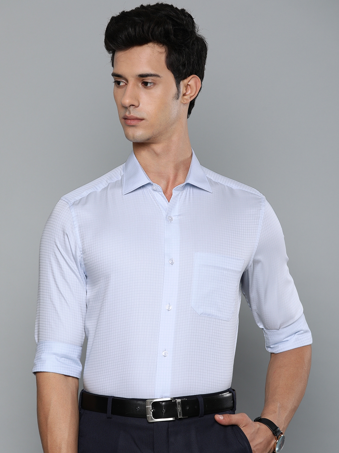 Buy Louis Philippe Men Blue & White Classic Fit Self Checked Formal ...