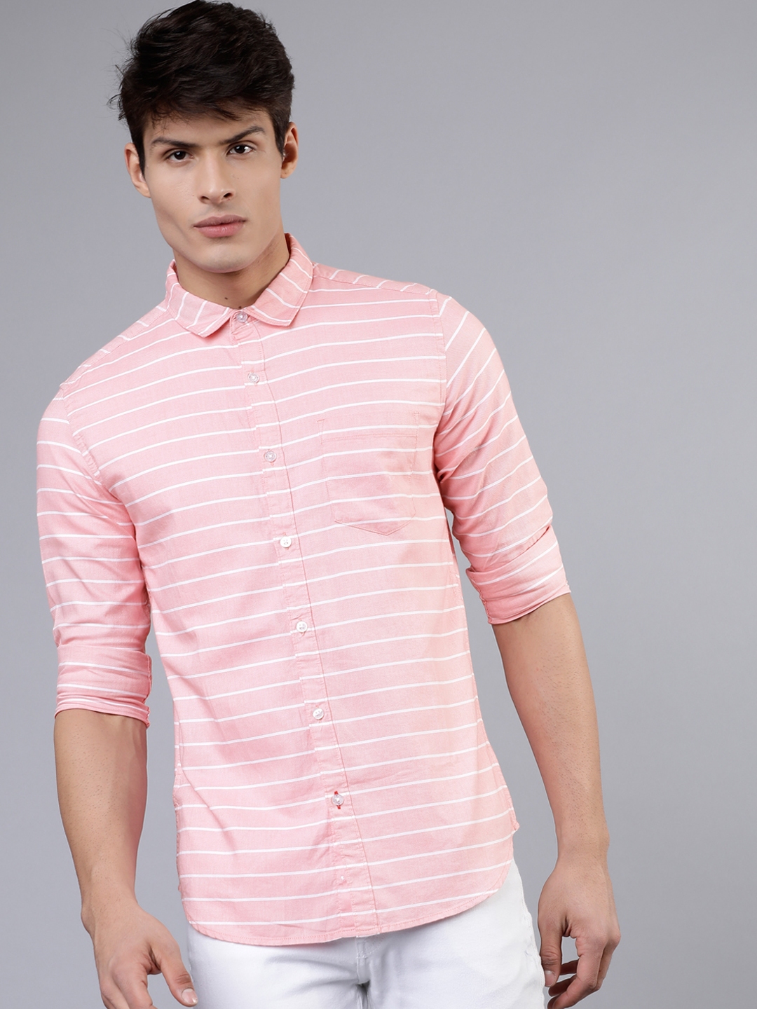 Buy HIGHLANDER Men Pink & White Slim Fit Striped Casual Shirt - Shirts ...