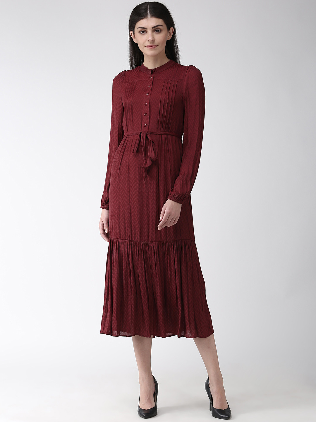Buy Marks & Spencer Women Maroon Self Design A Line Dress Dresses for