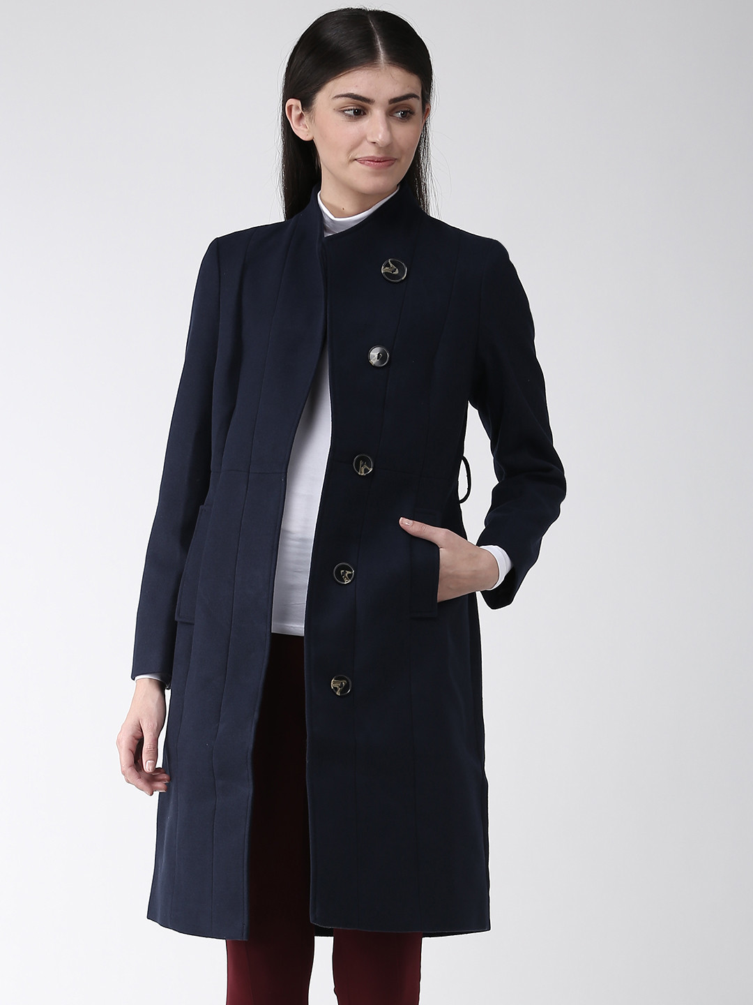 Buy Marks & Spencer Navy Blue Solid Knee Length Overcoat With Belt Coats for Women 10948158