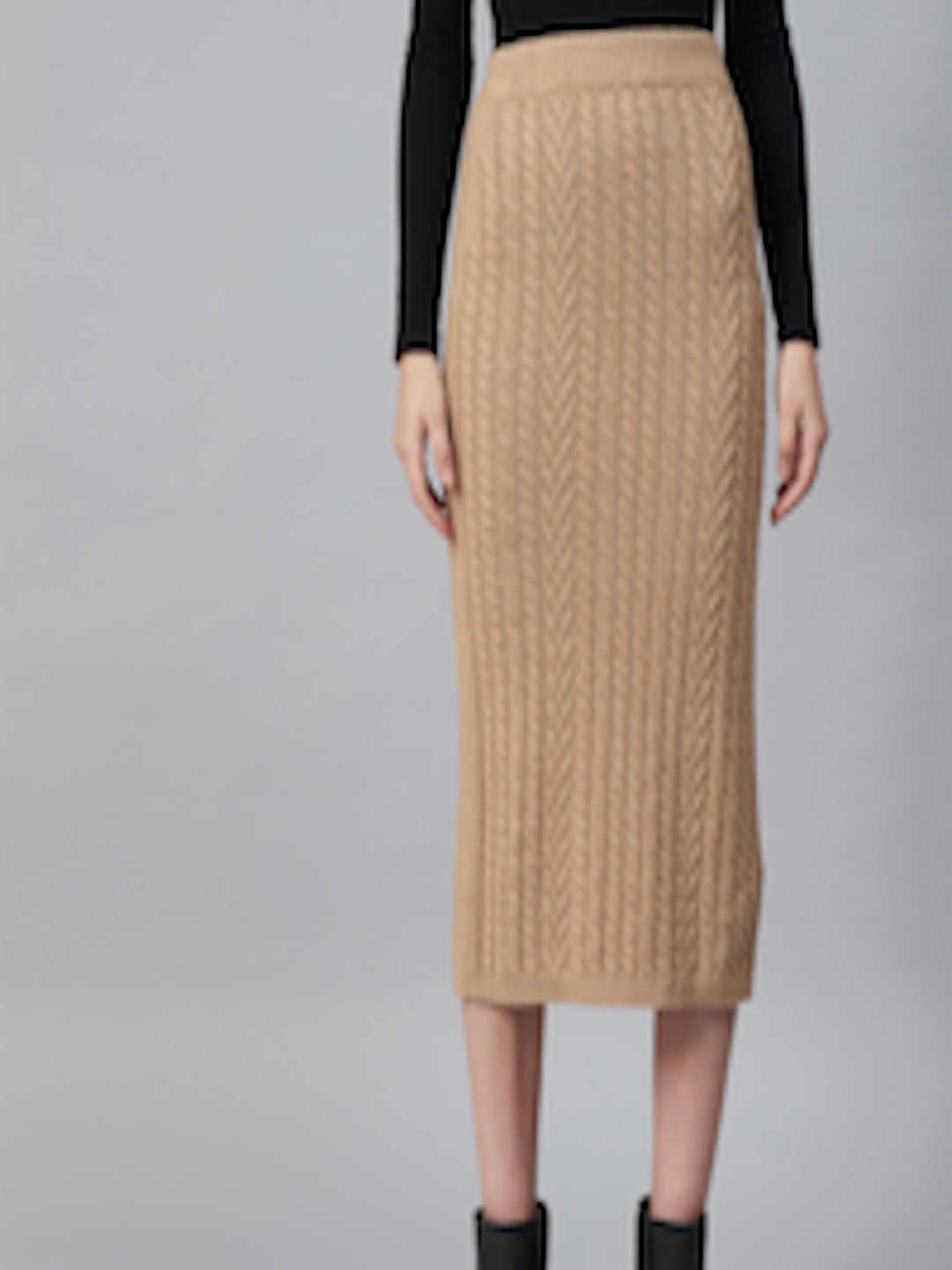 Buy Marks & Spencer Women Camel Brown Cable Knit Midi Winter Pencil
