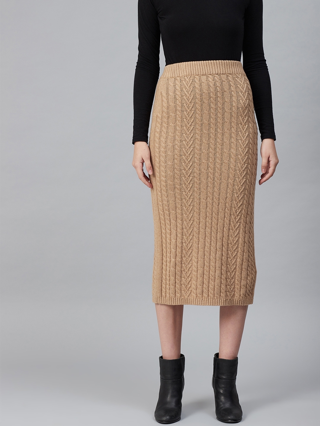 Buy Marks & Spencer Women Camel Brown Cable Knit Midi Winter Pencil