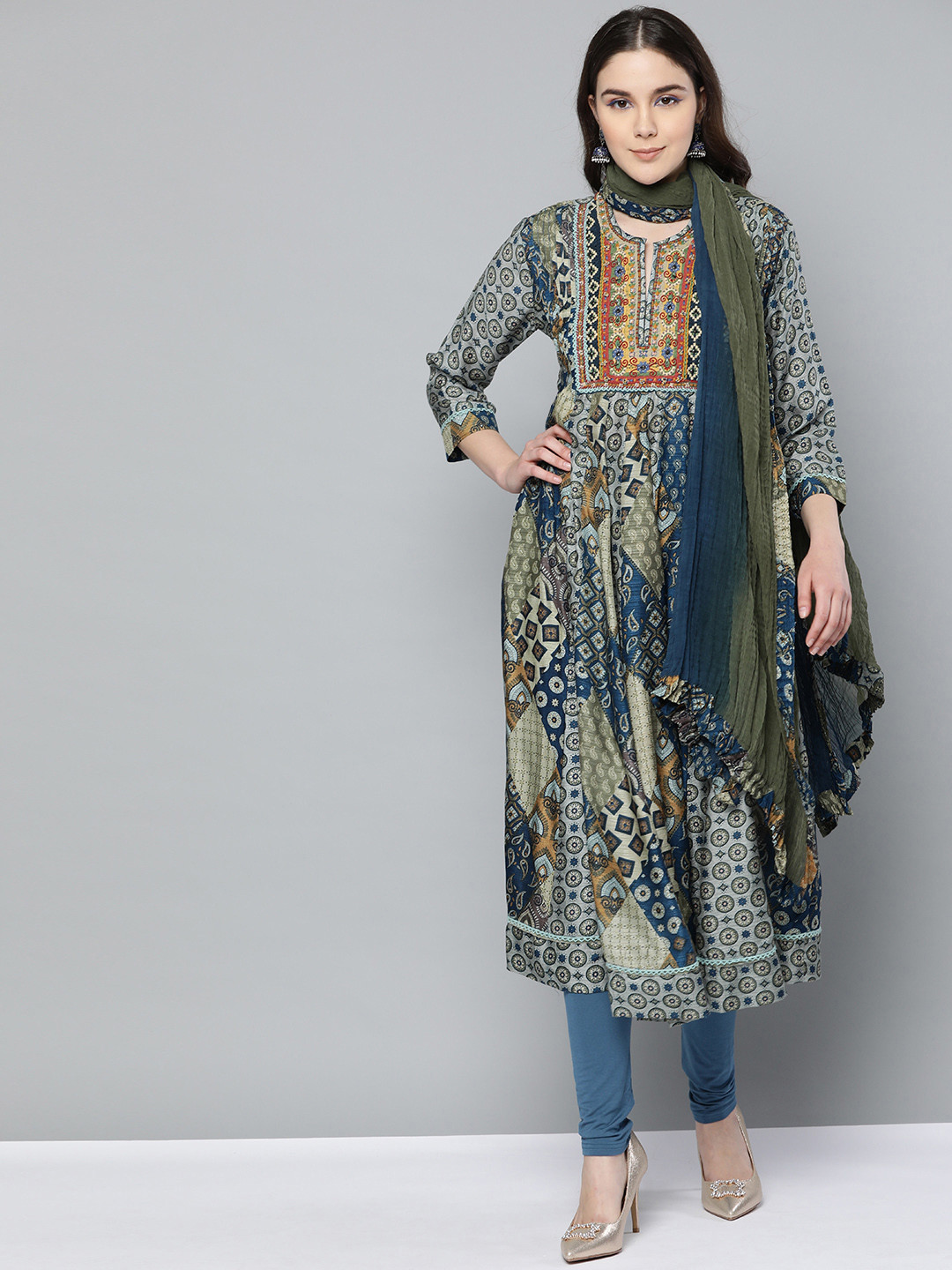 Buy Ritu Kumar Women Navy Blue & Green Printed Kurta With Churidar
