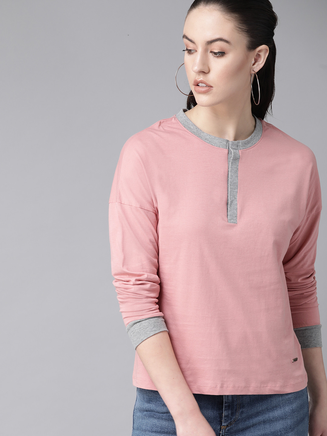 Buy The Roadster Lifestyle Co Women Dusty Pink Solid Henley Neck Pure Cotton T Shirt Tshirts
