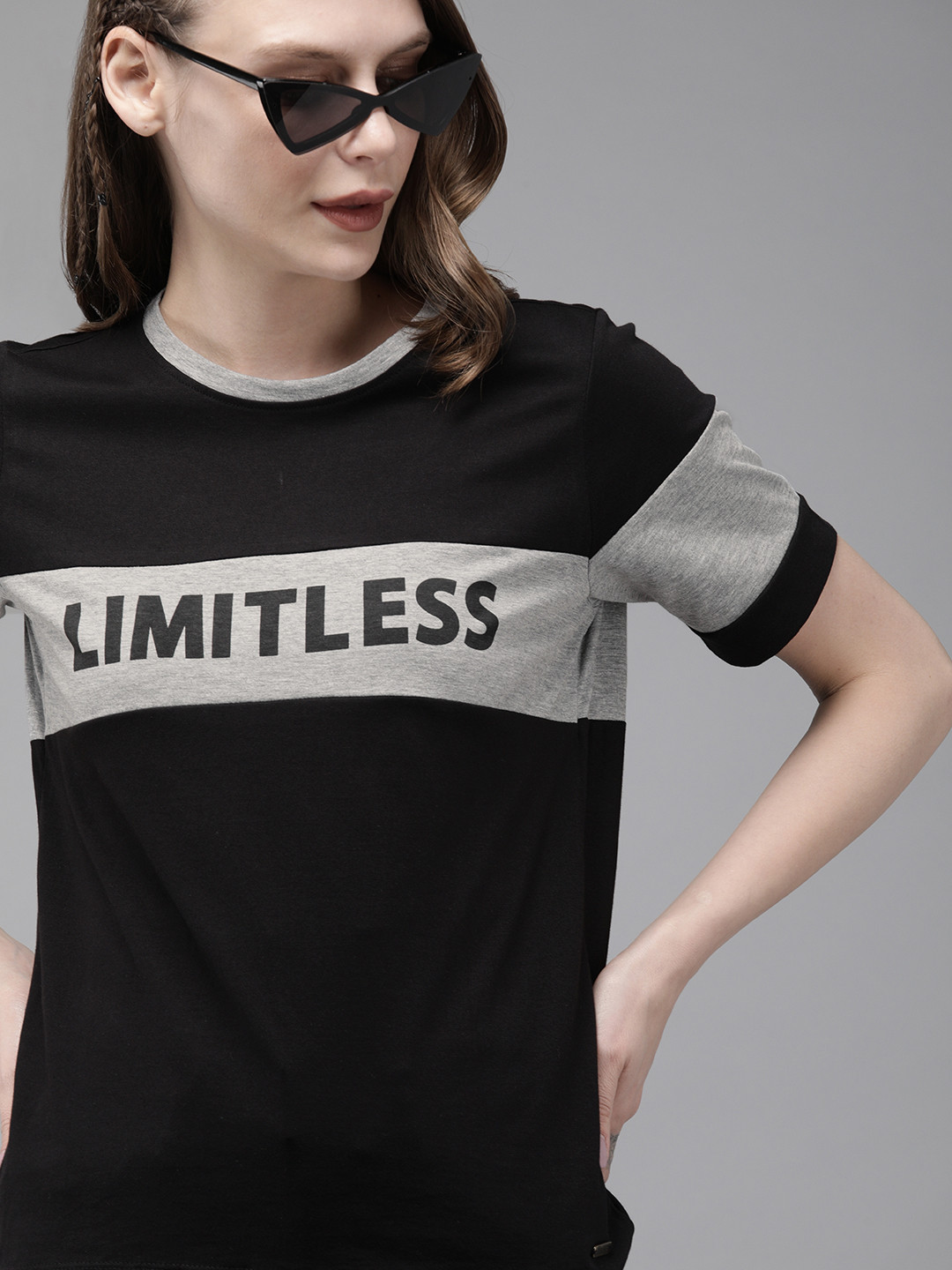 Buy The Roadster Lifestyle Co Women Black Grey Colourblocked Round Neck