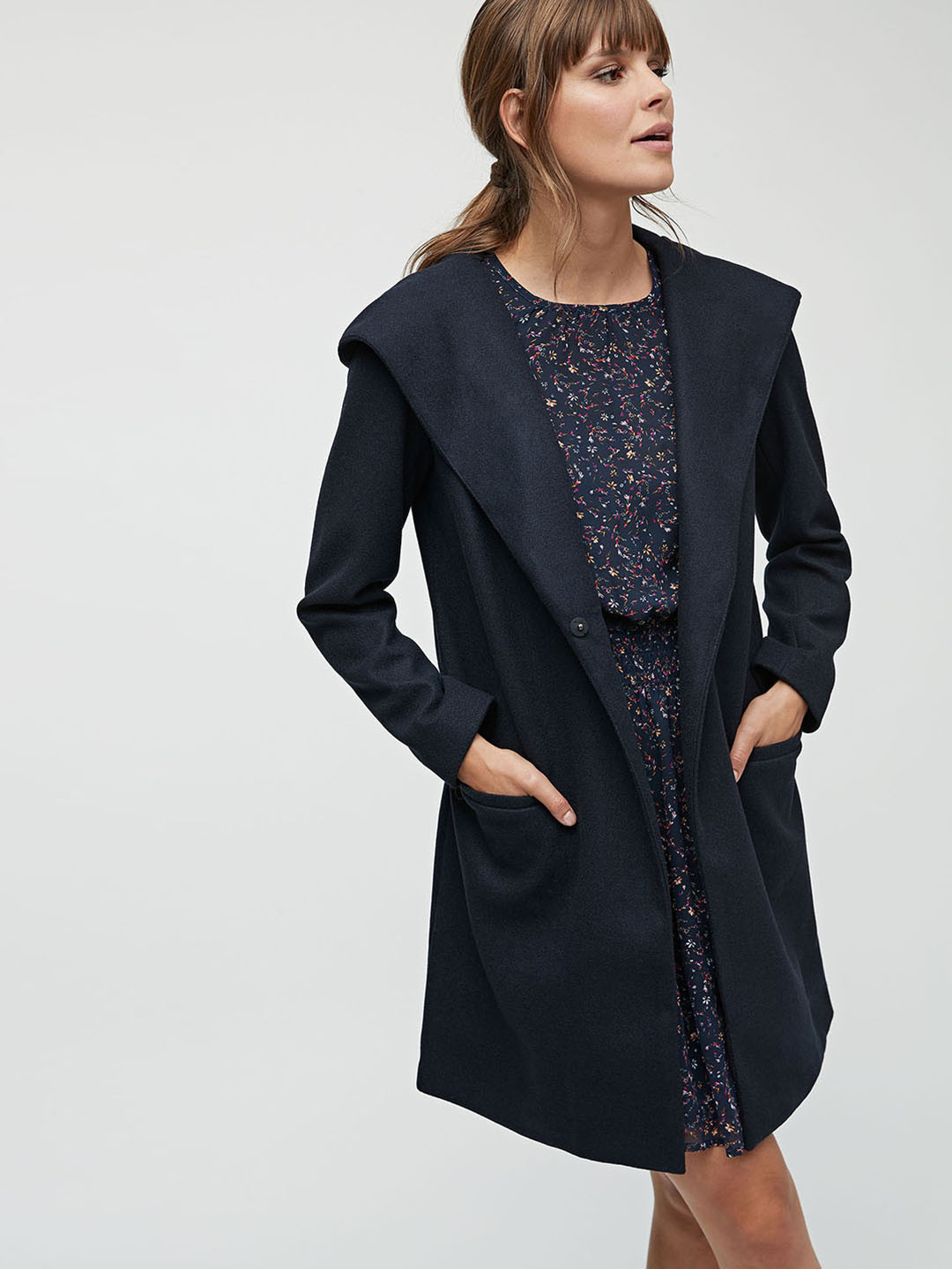 Buy Next Women Navy Blue Solid Hooded Cardigan Style Longline Overcoat