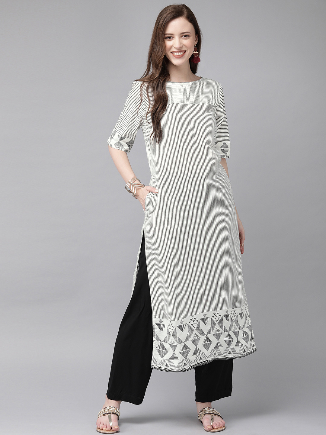 Buy Anouk Women Black & White Striped Straight Kurta Kurtas for Women