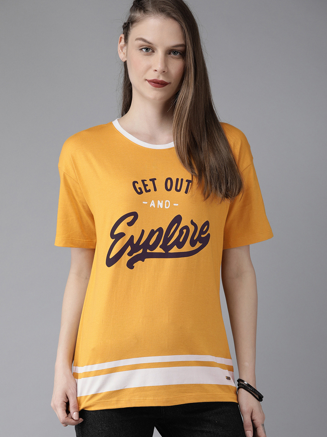 Buy The Roadster Lifestyle Co Women Mustard Yellow Printed Round Neck T