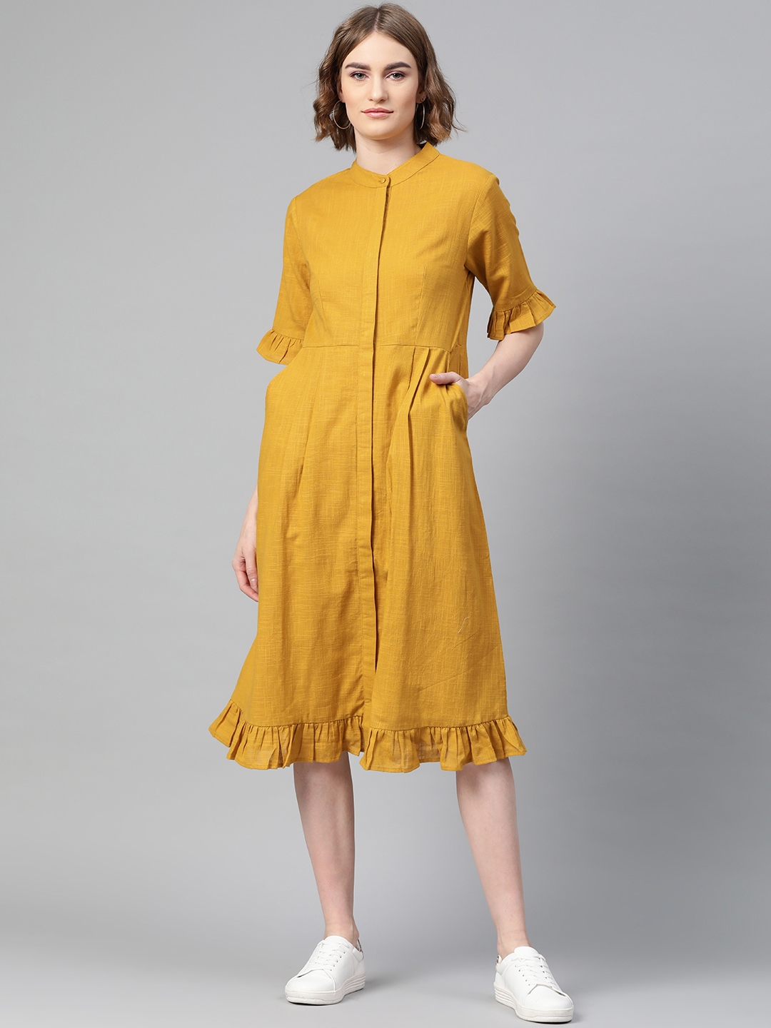 Buy Femella Women Mustard Yellow Solid A Line Dress - Dresses for Women ...