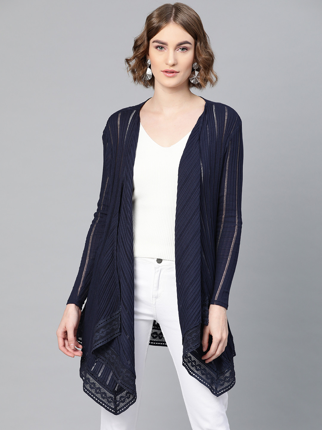 Buy Femella Women Navy Blue Ribbed Open Front Waterfall Shrug Shrug