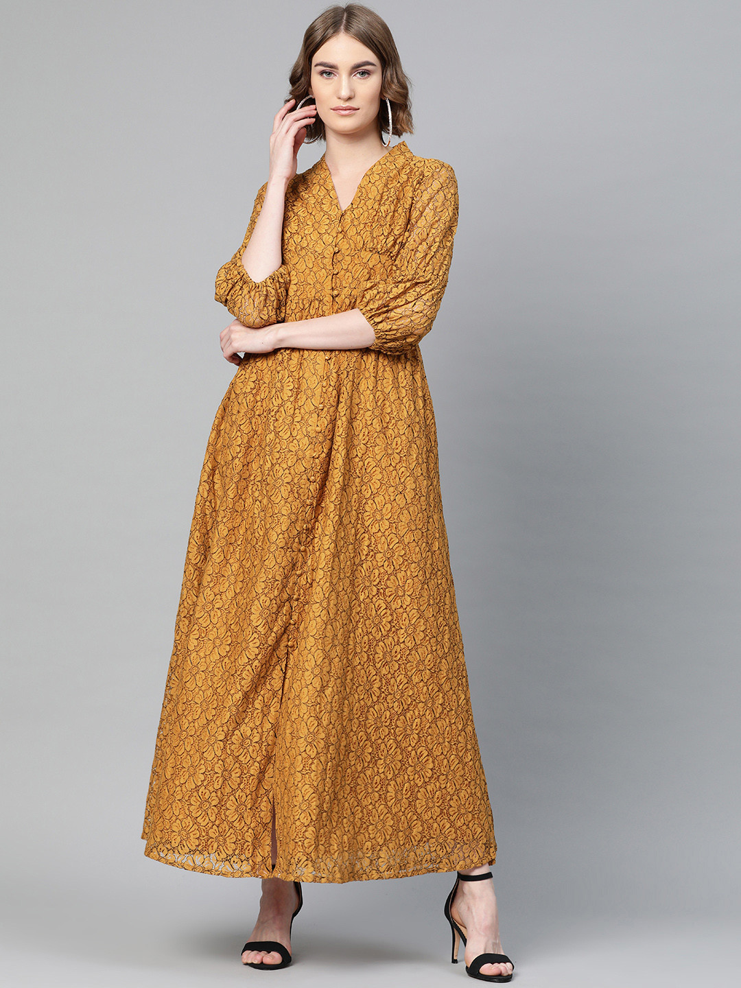 Buy FEMMELLA Women Mustard Yellow Self Design Maxi Dress - Dresses for ...