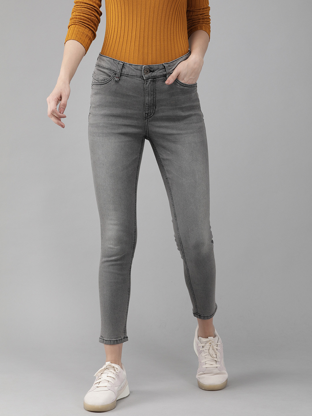 Buy The Roadster Lifestyle Co Women Charcoal Grey Skinny Fit Mid Rise