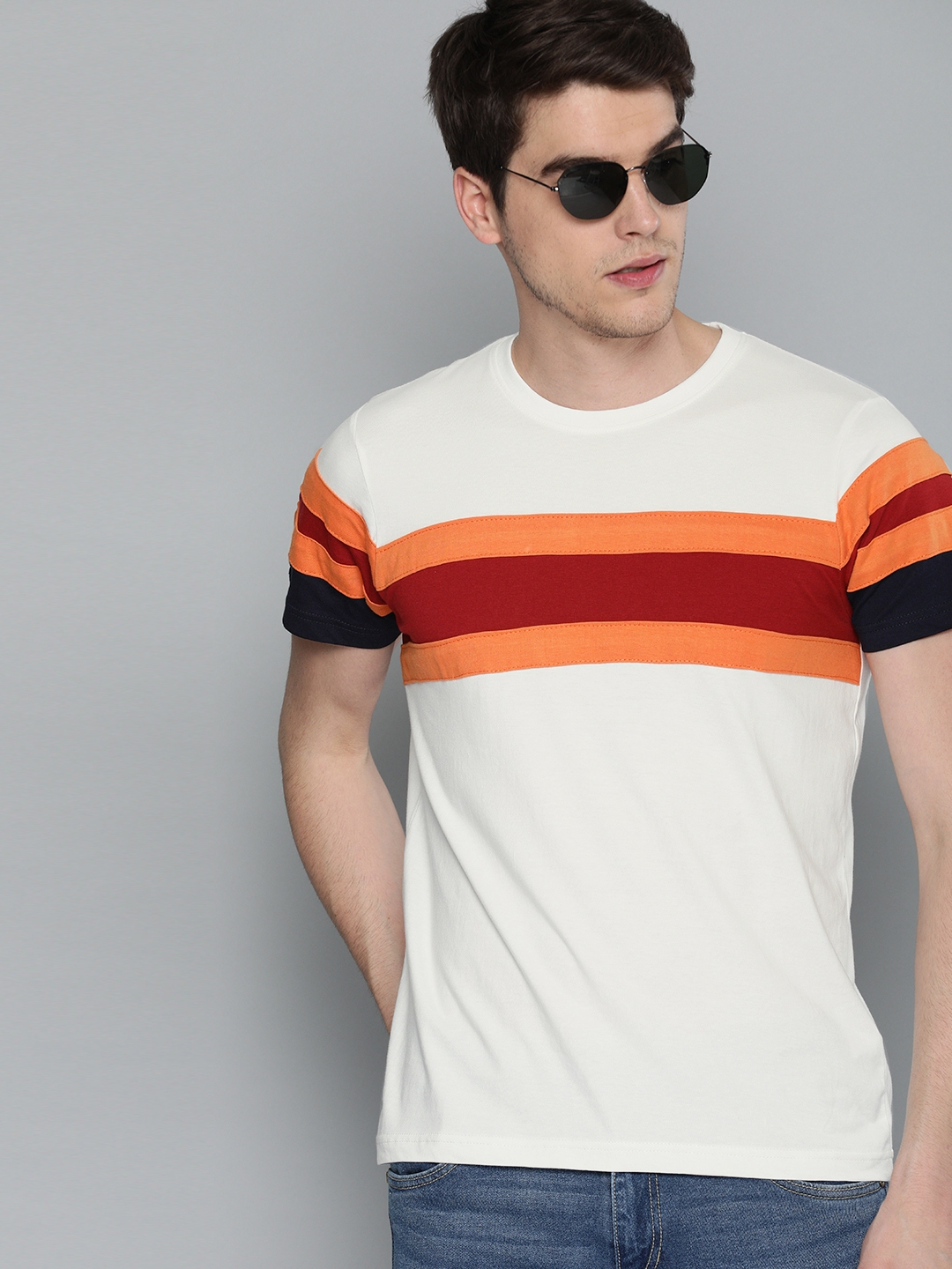 Buy HERENOW Men White Orange Striped Round Neck Pure Cotton T Shirt ...
